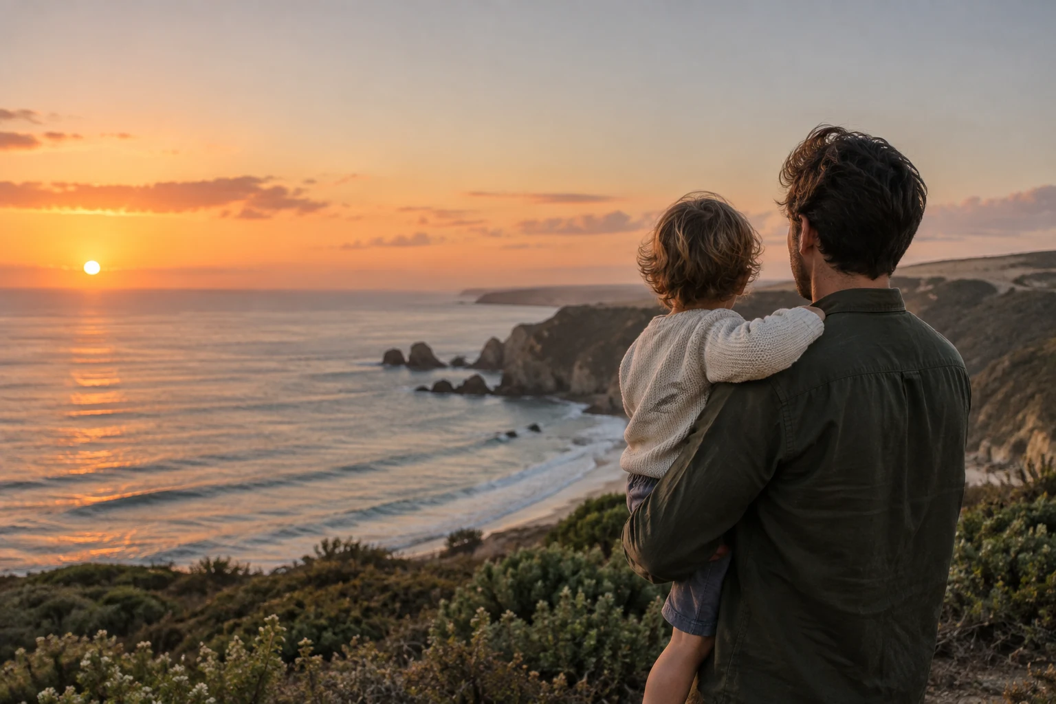 Pai com o filho ao colo a contemplar a paisagem ao fim do dia